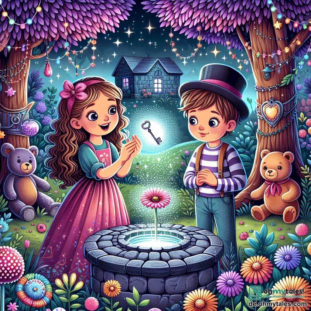 Illustration eines bunten und magischen Parks, in dem Bäume mit lila Blättern im Wind tanzen und mehrfarbige Blumen Lichtblitze ausstrahlen. In der Mitte der Szene steht ein 11-jähriges Mädchen mit langen lockigen Haaren und neugierigen Augen, das mit einem breiten Lächeln einen kleinen, funkelnden silbernen Schlüssel in der Hand hält. Neben ihr steht ein gleichaltriger Junge mit kurzen, zerzausten Haaren, der ein gestreiftes T-Shirt trägt und den Schlüssel mit Staunen betrachtet, bereit, ihr bei ihrem Abenteuer zu helfen. Sie stehen vor einem alten Ste Brunnen, aus dem ein geheimnisvolles Licht strahlt, während ein großer Plüschbär, der einen Zylinder trägt, sie freundlich beobachtet. Die Hauptsituation zeigt das Mädchen, das bereit ist, den Schlüssel in den Brunnen zu stecken, umgeben von einer Atmosphäre voller Aufregung und Magie, mit Lichtblitzen und bunten Blasen, die um sie herum schweben und das verrückte Abenteuer symbolisieren, das sie erwartet.