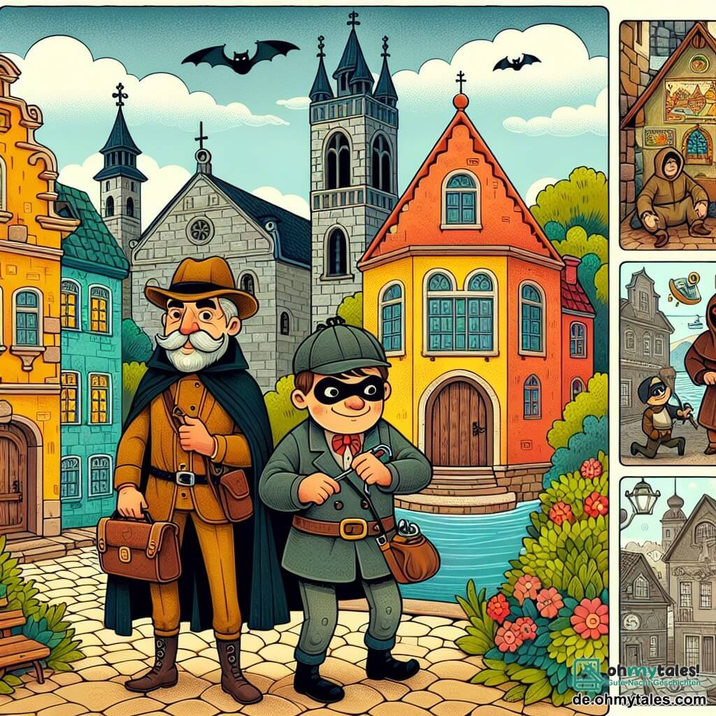 Une illustration destinée aux enfants représentant un détective malin, un voleur rusé, dans une ville pittoresque avec des rues pavées, des maisons colorées et une vieille église mystérieuse.