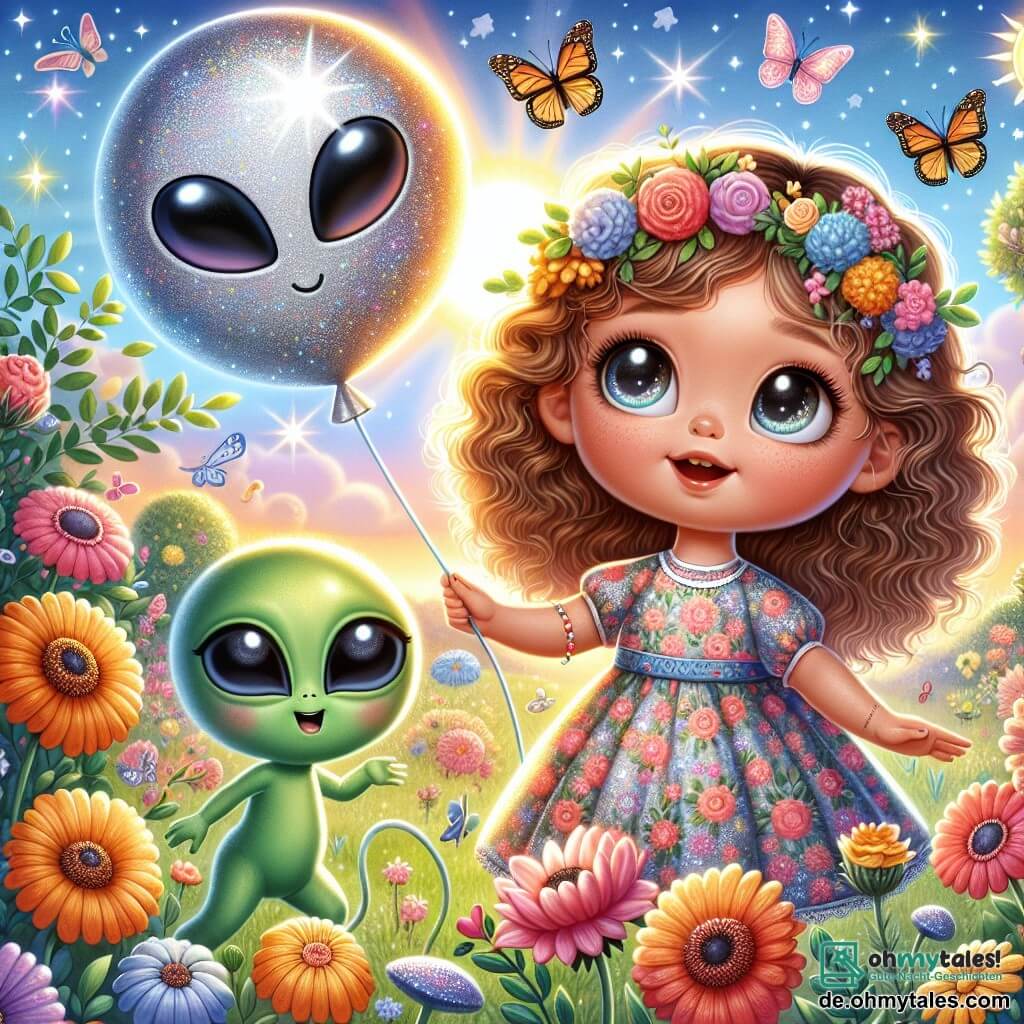 Une illustration sous forme de dessin destinée aux enfants représentant un magnifique jardin ensoleillé rempli de fleurs colorées et de papillons, où une petite fille de 5 ans aux cheveux bouclés et aux yeux pétillants, vêtue d'une robe à motifs floraux, tient un petit ballon argenté qui brille de mille feux, tandis qu'un petit extraterrestre vert avec de grands yeux amicaux et un sourire chaleureux flotte à côté d'elle, tous deux émerveillés par la magie du moment où le ballon s'ouvre pour révéler un monde d'aventures intergalactiques.