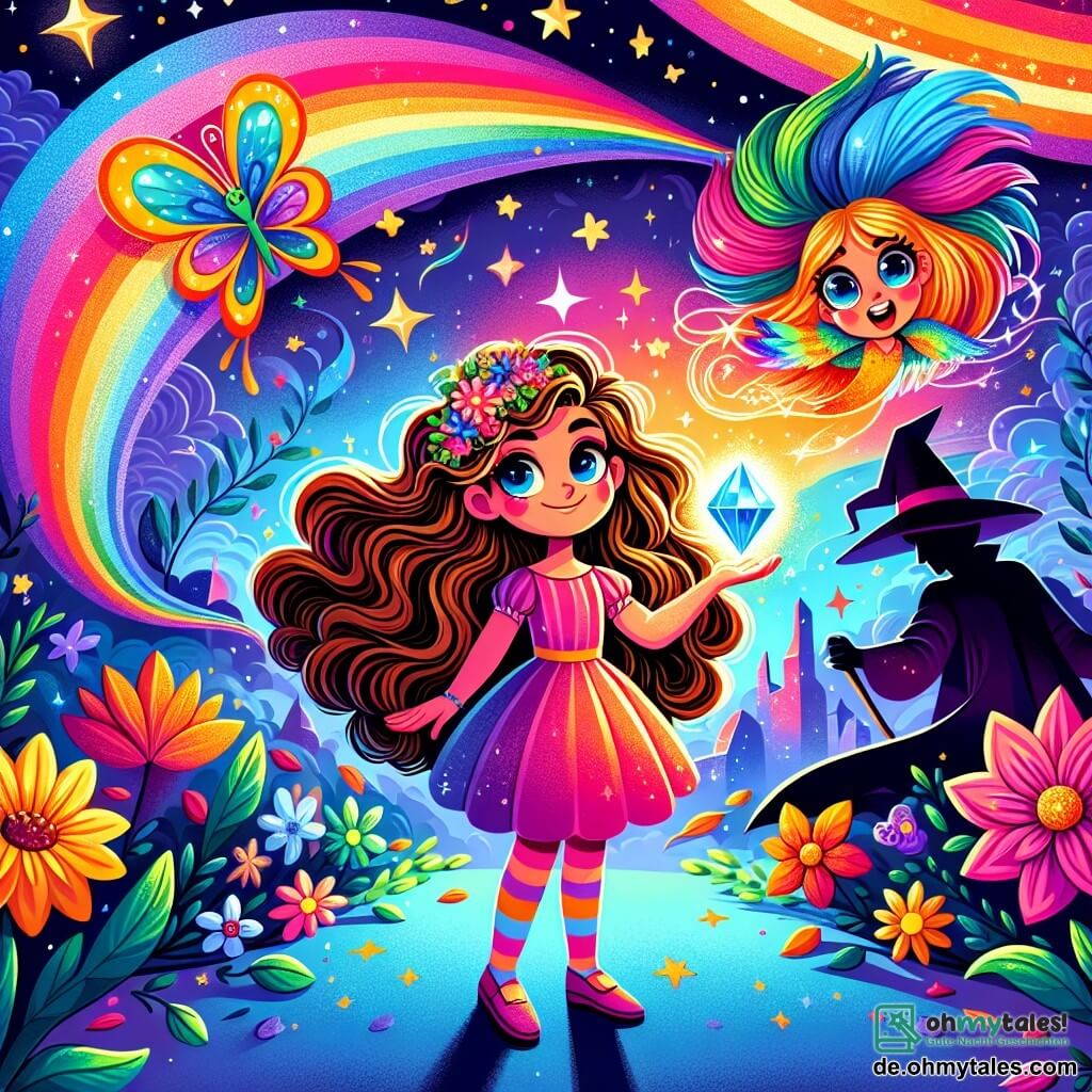 Une illustration sous forme de dessin destinée aux enfants représentant un paysage vibrant et coloré du planète magique de couleurs, avec des fleurs géantes aux teintes éclatantes et un ciel étoilé, où une jeune femme aux cheveux longs et bouclés, brillants comme des étoiles, se tient courageusement avec un cristal bleu scintillant dans sa main, tandis qu'à ses côtés, un petit esprit coloré aux ailes de papillon, aux couleurs vives et aux yeux pétillants, l'encourage avec enthousiasme, alors qu'ils se préparent à affronter une ombre menaçante en arrière-plan, symbolisant la méchante sorcière qui menace de voler les couleurs de leur monde.