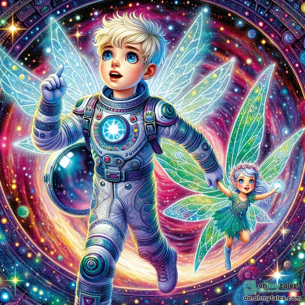 Une illustration sous forme de dessin destinée aux enfants représentant une vaste galaxie parsemée de nébuleuses colorées et scintillantes, où un jeune homme aux cheveux blonds et aux yeux brillants, vêtu d'une combinaison spatiale étincelante, se tient courageusement devant un portail magique, tenant un cristal lumineux dans sa main, tandis qu'à ses côtés, une petite fée aux ailes iridescentes et aux cheveux argentés, flottant joyeusement, l'encourage avec un sourire déterminé, alors qu'ils se préparent à affronter un puissant tyran de l'espace pour sauver leur monde enchanté.