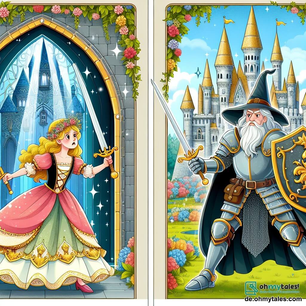 Une illustration destinée aux enfants représentant une princesse courageuse affrontant un sorcier maléfique pour sauver son royaume, accompagnée d'un vaillant chevalier, dans un château majestueux orné de tours scintillantes et de jardins fleuris.