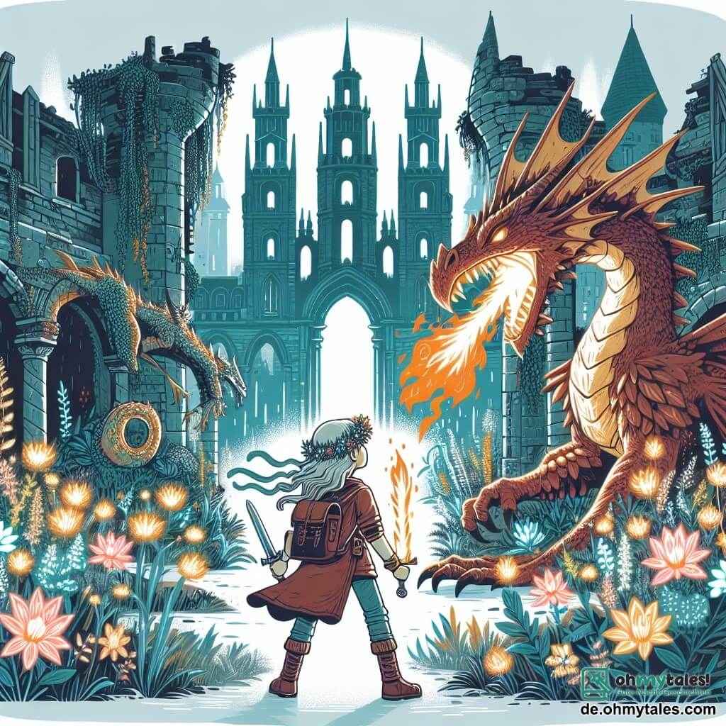Une illustration destinée aux enfants représentant une jeune fille courageuse se tenant face à un imposant dragon cracheur de feu, dans une ville en ruines envahie par des plantes lumineuses et des créatures fantastiques, entre les tours d'un château envoûté.