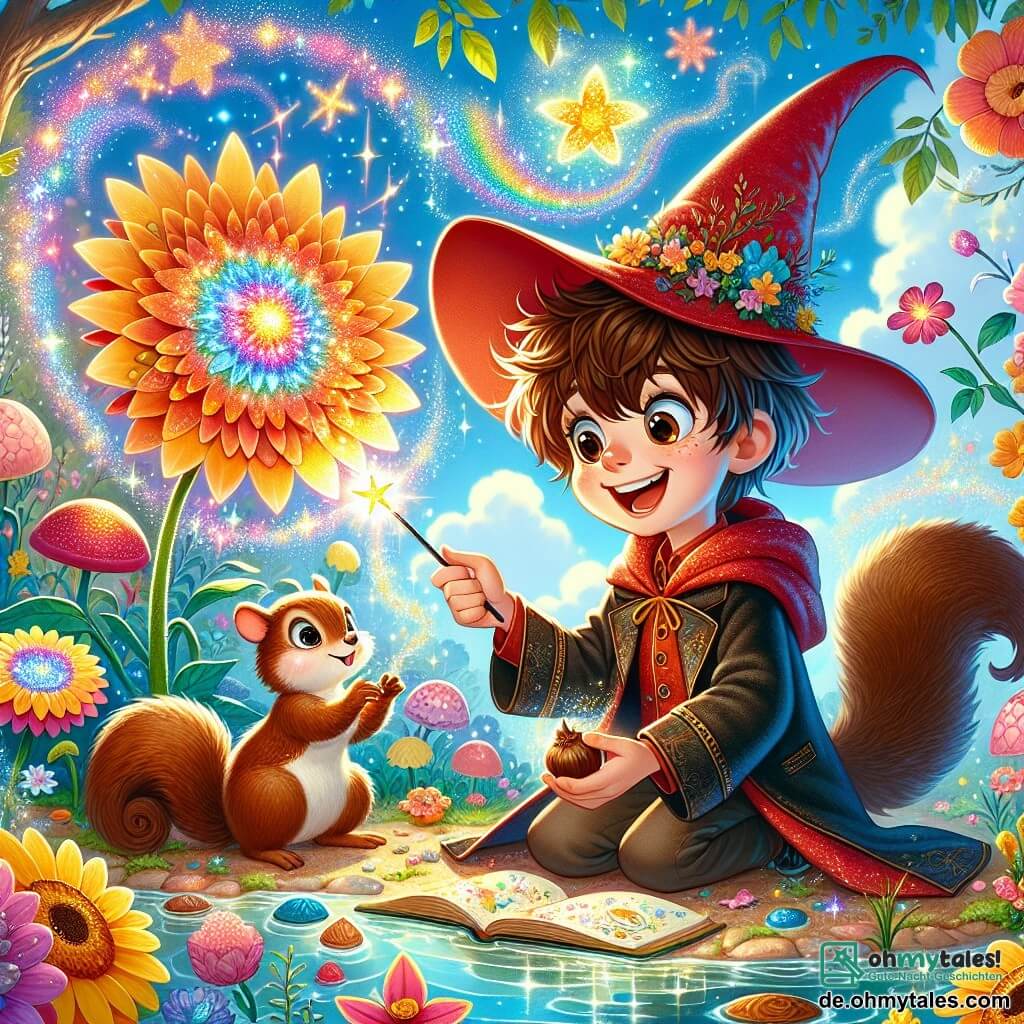 Illustration einer magischen Szene in einem bezaubernden Garten, gefüllt mit bunten, glitzernden Blütenblättern und seltsamen Pflanzen. In der Mitte steht ein junger Zauberer, ein etwa zehn Jahre alter Junge, der einen großen, leicht zu großen roten Spitzhut trägt, der ihm ins Gesicht fällt. Er hat zerzauste braune Haare und ein schelmisches Lächeln. In einer Hand hält er einen Zauberstab und schaut mit Staunen auf eine leuchtende Blume, die in allen Farben strahlt. Neben ihm steht ein schelmisches kleines Eichhörnchen mit braunem Fell und funkelnden Augen auf seinen Hinterbeinen, eine Haselnuss in seinen kleinen Vorderpfoten haltend, bereit, dem Zauberer bei seiner Mission zu helfen. Die Hauptsituation zeigt den Zauberer, der einen Zauber vorbereitet, um einen großen, bunten magischen Wirbel zu erschaffen, während Lichtblitze und Funken um sie herumtanzen. Im Hintergrund sieht man einen glitzernden Teich, dessen Wasser die lebhaften Farben der Blumen und des Himmels widerspiegelt. Sanfte, bauschige Wolken schweben darüber und verleihen dieser verzauberten Szene einen traumhaften Touch.