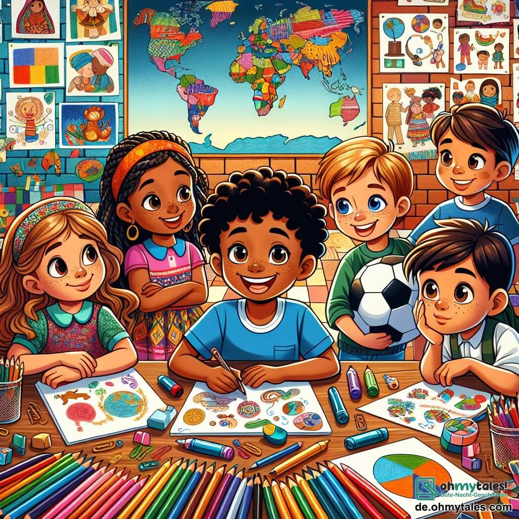 Eine Illustration zeigt eine lebendige Szene in einem bunten Klassenzimmer mit Wänden, die mit Kinderzeichnungen und Weltkarten geschmückt sind. Im Mittelpunkt steht eine Gruppe von fünf Kindern um einen großen Holztisch, der mit Buntstiften, Papier und verschiedenen Gegenständen aus ihren Kulturen bedeckt ist. Ein etwa 10-jähriger Junge mit schwarzen, lockigen Haaren und einem blauen T-Shirt lächelt und zeigt eine seiner schönen Illustrationen. Neben ihm hört ein etwa 9-jähriges Mädchen mit langen, geflochtenen blonden Haaren und einem bunten gemusterten Kleid aufmerksam zu, die Augen leuchtend vor Bewunderung. Ein weiteres etwa 10-jähriges Mädchen mit kastanienbraunen Haaren und Sommersprossen schreibt konzentriert und begeistert Beschriftungen auf Blätter. Ein etwa 11-jähriger Junge mit braunen Haaren und sportlicher Haltung hält einen Fußball unter dem Arm, bereit, seine Geschichte zu erzählen. Schließlich macht ein etwa 10-jähriges Mädchen mit dunkler Haut und krausem Haar Fotos mit einer Kamera und hält den Moment fest. Die Hauptsituation zeigt die Kinder, die fröhlich an einem Kunstprojekt arbeiten, das ihre kulturellen Unterschiede feiert, Ideen austauschen und zusammen lachen, was das Thema Toleranz und Freundschaft verdeutlicht. Im Hintergrund zeigen bunte Plakate Botschaften von Vielfalt und Akzeptanz und verleihen der gesamten Szene einen Hauch von Optimismus.