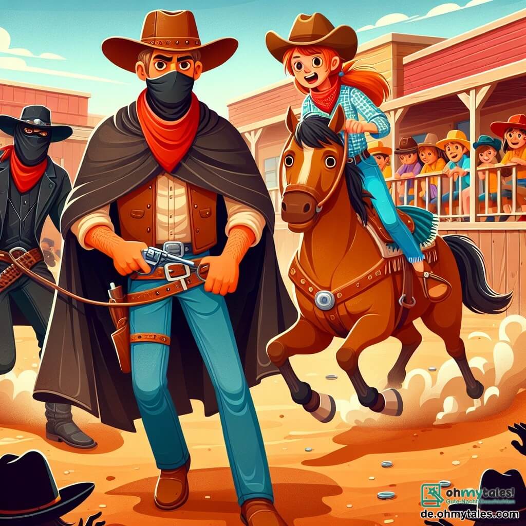 Une illustration sous forme de dessin destinée aux enfants représentant une scène vibrante du rodeo dans la petite ville poussiéreuse de Dusty Hollow, avec un homme cowboy à la peau bronzée, portant un chapeau de cowboy usé et un bandana rouge autour du cou, se tenant courageusement entre un groupe de spectateurs émerveillés et un bandit menaçant en poncho noir, tandis qu'une jeune fille courageuse aux cheveux roux, vêtue d'un jean et d'une chemise à carreaux, exécute des acrobaties équestres sur son cheval, créant une atmosphère de tension et d'aventure, alors qu'ils tentent d'empêcher le bandit de saboter le rodeo.