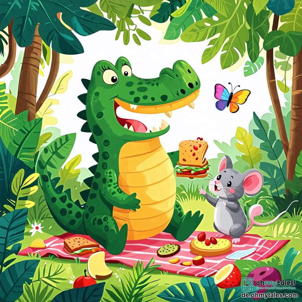 Une illustration sous forme de dessin destinée aux enfants représentant un joyeux et coloré dôme de feuillage dans un dschungel luxuriant, où un crocodile aux grandes dents vertes et au large sourire est assis sur une couverture de pique-nique, tenant un sandwich dans sa patte, tandis qu'une petite souris grise aux yeux pétillants et un papillon aux plumes éclatantes volent autour de lui, tous riant ensemble et partageant des friandises, avec des fruits et des biscuits éparpillés autour d'eux, créant une atmosphère de fête et d'amitié.