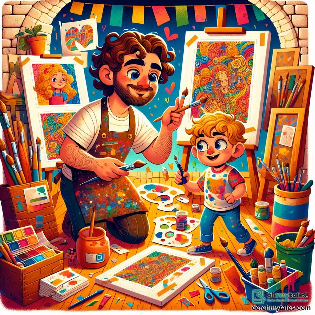 Une illustration sous forme de dessin destinée aux enfants représentant un atelier lumineux et coloré, rempli de toiles, de pinceaux et de pots de peinture, où un homme aux cheveux bruns et bouclés, portant un tablier éclaboussé de peinture, est en train de créer une magnifique collage artistique sur une grande toile, tandis qu'un garçon aux yeux pétillants et aux cheveux blonds, vêtu d'un t-shirt coloré, l'observe avec émerveillement et tient des ciseaux et des morceaux de papier découpés, illustrant ainsi la magie de la créativité et de l'amitié partagée dans le monde de l'art.