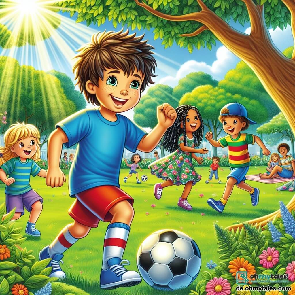 Illustration eines sonnigen Parks, gefüllt mit üppigem Grün und bunten Blumen. In der Mitte steht ein großer Baum mit leuchtend grünen Blättern, der Schatten auf eine lebhafte Szene wirft. Ein 11-jähriger Junge mit zerzausten braunen Haaren, der ein blaues T-Shirt und rote Shorts trägt, spielt mit einer Gruppe von Kindern Fußball. Er hat ein strahlendes Lächeln im Gesicht, das seine Begeisterung und Freude zeigt. Unter den Kindern läuft ein etwa 10-jähriger Junge mit blonden Haaren, der eine blaue Mütze und ein Fußballtrikot trägt, dem Ball hinterher, lacht und seinen Freund anfeuert. Ein 11-jähriges Mädchen mit schwarzen Zöpfen und einem Blumenkleid sitzt auf einer Picknickdecke, beobachtet das Spiel mit einem Lächeln und hält ein Buch in den Händen. Die Hauptszene zeigt den Jungen, der den Ball dribbelt, konzentriert und entschlossen, während seine Freunde ihn anfeuern. Im Hintergrund sind Familien beim Picknicken und andere Kinder, die spielen, zu sehen, was eine fröhliche und einladende Atmosphäre schafft. Sonnenstrahlen brechen durch die Äste des Baumes und verleihen dieser lebhaften und freundschaftlichen Szene einen warmen Touch.