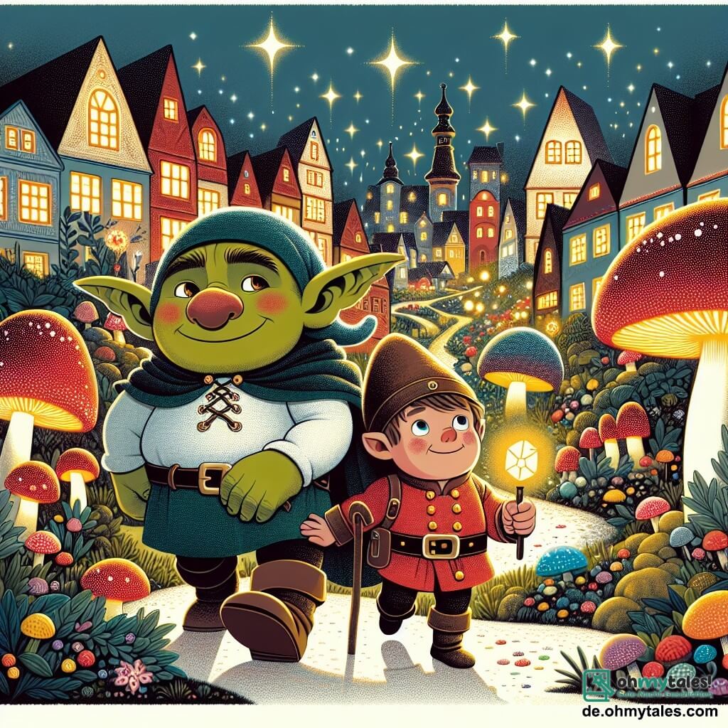 Une illustration destinée aux enfants représentant un petit ogre garçon, curieux et courageux, aidé par son ami nain garçon, explorant la ville colorée d'Ogerdorf avec ses maisons en forme de champignons lumineux et ses rues scintillantes de feenstaub.