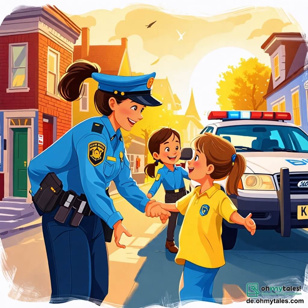 Une illustration sous forme de dessin destinée aux enfants représentant une rue animée d'une petite ville ensoleillée, où une femme policière souriante, portant un uniforme bleu avec une casquette, aide deux enfants : un garçon aux cheveux bruns et une fille aux cheveux blonds, tous deux enthousiastes, alors qu'ils discutent joyeusement près d'une voiture de police avec des lumières clignotantes, symbolisant l'entraide et la sécurité dans la communauté.