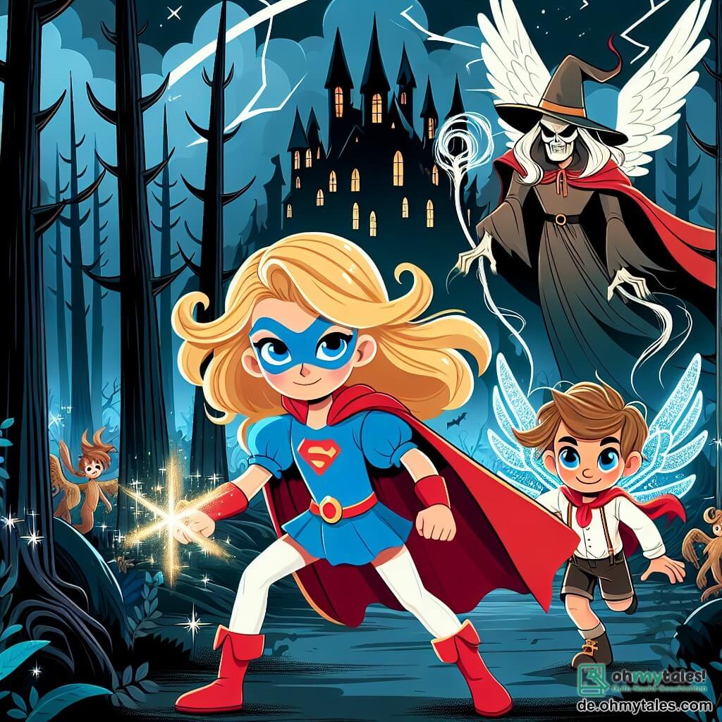 Une illustration destinée aux enfants représentant une super-héroïne aux cheveux blonds et aux yeux bleus, affrontant un méchant sorcier dans une sombre forêt remplie de grands arbres noirs et d'une sinistre forteresse, accompagnée d'un petit garçon magique aux ailes scintillantes.