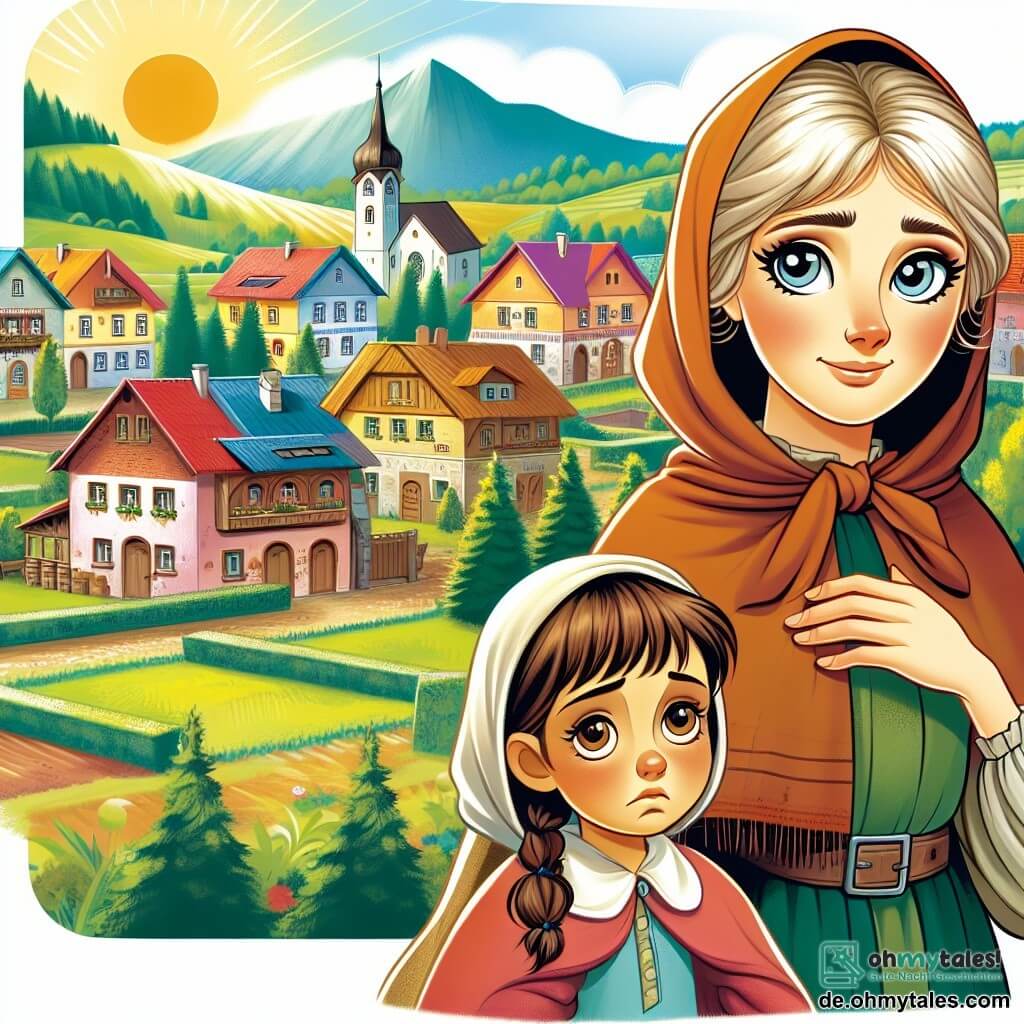 Une illustration destinée aux enfants représentant une jeune femme courageuse vivant dans un village paisible, accompagnée d'une petite fille orpheline aux yeux tristes, dans un petit village nommé Sonnenblick, entouré de collines verdoyantes et de maisons colorées.