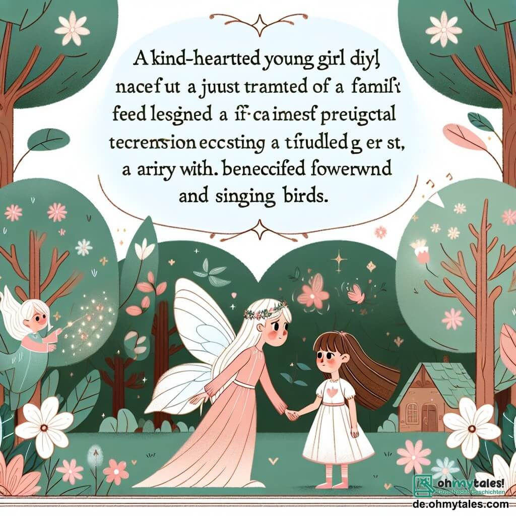 Une illustration destinée aux enfants représentant une jeune fille au coeur généreux, confrontée à l'injustice de sa famille, accompagnée d'une fée bienveillante, évoluant dans un bois enchanté aux arbres fleuris et aux oiseaux chantants.