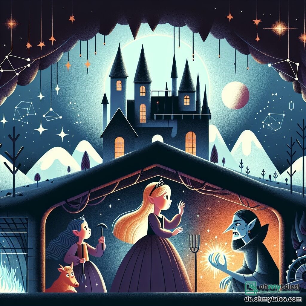 Une illustration destinée aux enfants représentant une jeune fille courageuse, exploitée par sa méchante belle-mère et ses deux filles, travaillant dans des labors sombres sous une maison futuriste surplombée d'une lune brillante et de constellations scintillantes.