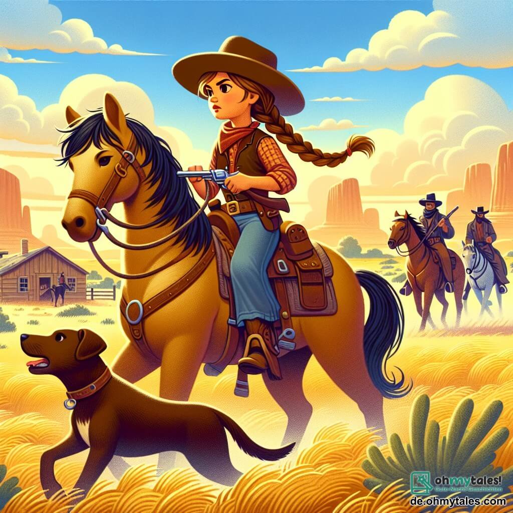 Une illustration sous forme de dessin destinée aux enfants représentant un paysage de prairie dorée sous un ciel bleu éclatant, avec une jeune femme courageuse aux cheveux châtains attachés en tresse, portant un large chapeau de cow-boy et des bottes poussiéreuses, qui tient fermement les rênes de son cheval tout en observant attentivement un groupe de bandits au loin, accompagnée de son fidèle chien brun, qui aboie pour alerter, alors qu'ils se préparent à défendre leur petite ville de Dusty Creek contre une menace imminente.