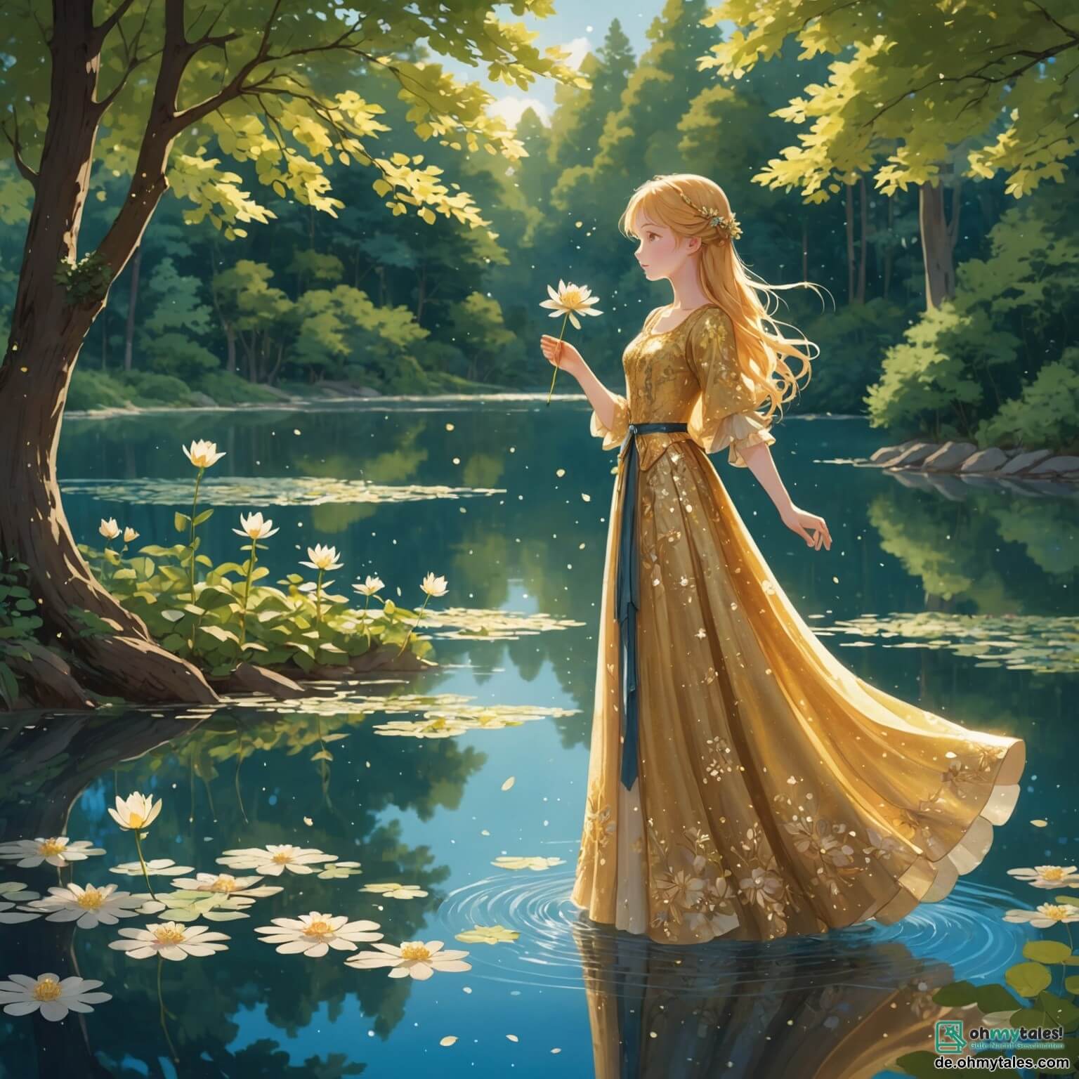 Une illustration destinée aux enfants représentant une jeune femme à la chevelure dorée, vêtue d'une robe faite de pétales de fleurs scintillantes, se tenant au bord d'un lac étincelant, entourée de grands arbres aux feuilles chatoyantes, tandis qu'une douce brise fait danser les fleurs autour d'elle, et à ses côtés, un petit garçon aux yeux pétillants, vêtu d'une tunique en lin, observe avec émerveillement la magie qui émane de la scène enchantée.