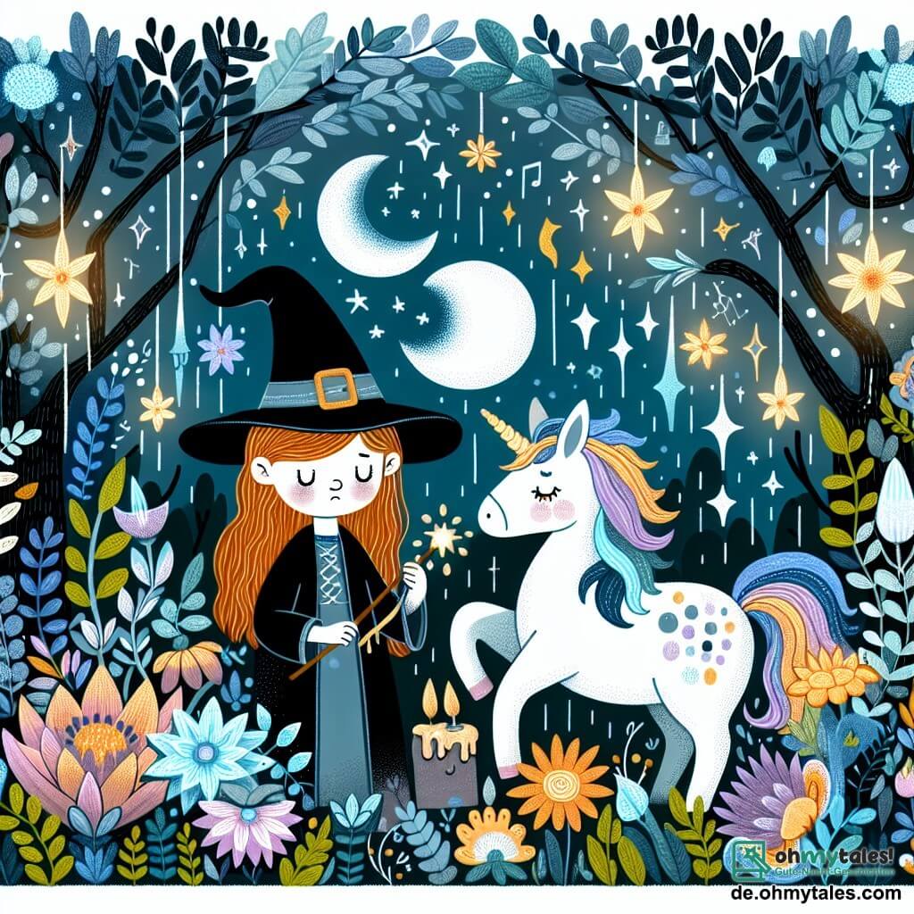 Une illustration destinée aux enfants représentant une jeune apprentie sorcière, une licorne enchantée triste, dans une forêt magique remplie de fleurs lumineuses et de créatures fantastiques.
