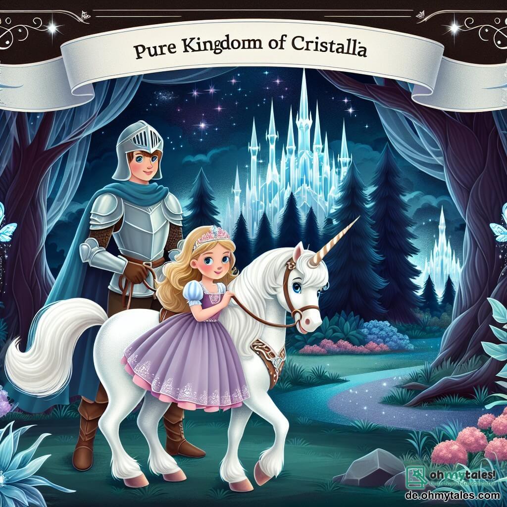 Une illustration destinée aux enfants représentant une princesse courageuse se tenant devant une sombre forêt enchantée, accompagnée de son fidèle cheval blanc, dans le royaume scintillant de Cristallia.