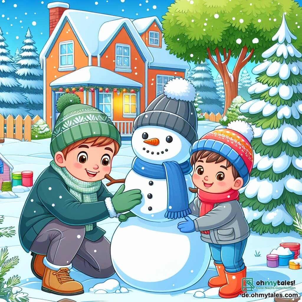 Une illustration destinée aux enfants représentant un petit garçon joyeux construisant un bonhomme de neige avec l'aide de son père, dans un jardin enneigé bordé de maisons colorées et de grands sapins, lors d'une journée d'hiver lumineuse et glaciale.
