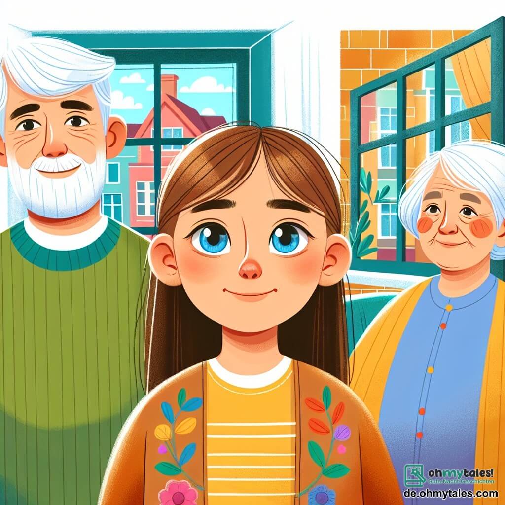 Une illustration destinée aux enfants représentant une jeune fille aux yeux bleus et aux cheveux bruns, vivant une séparation entre ses parents, accompagnée d'une gentille voisine âgée, dans une lumineuse et chaleureuse nouvelle maison avec un grand fenêtre colorée.