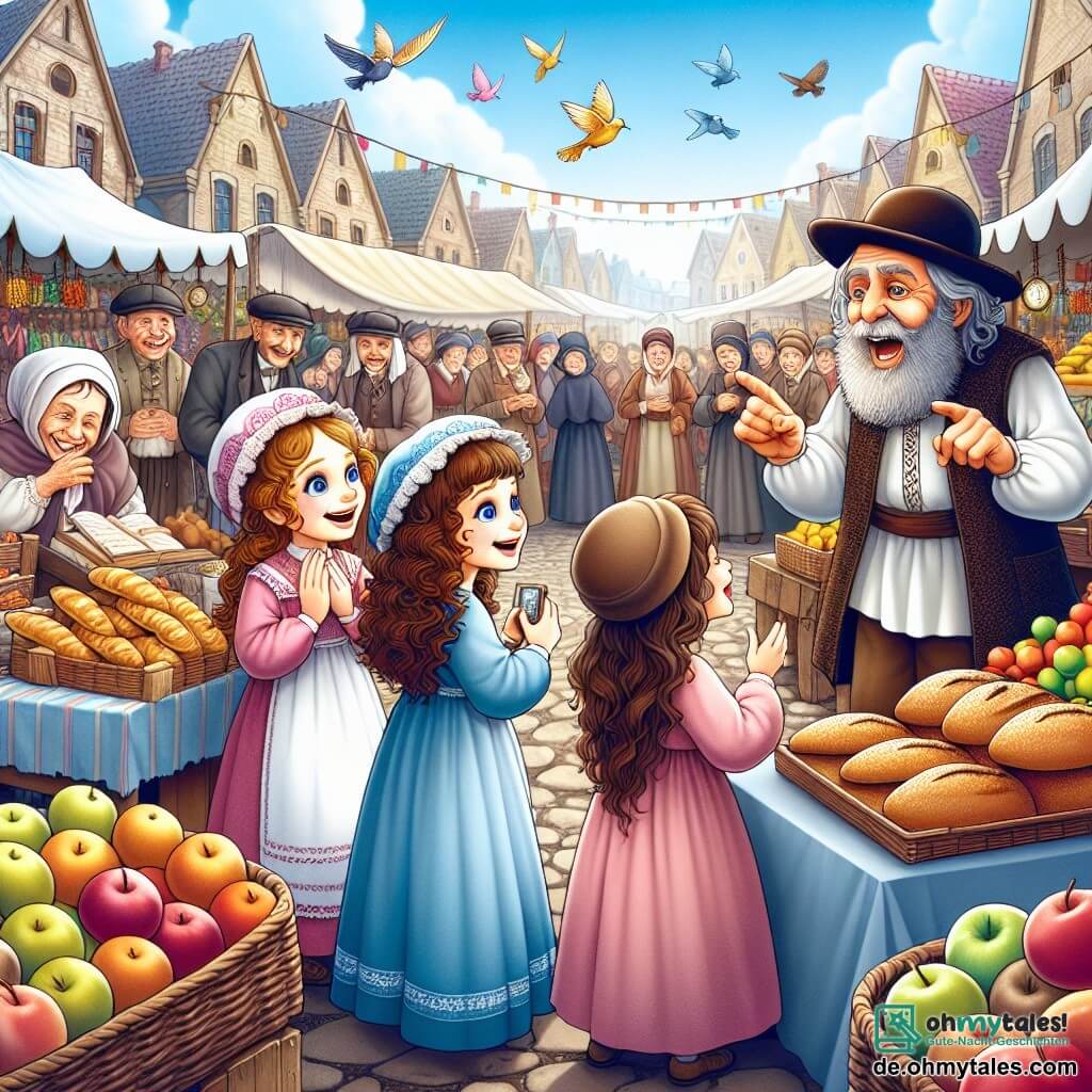 Illustration eines lebhaften Marktes zu Beginn des 19. Jahrhunderts, mit bunten Ständen voller frischer Früchte, goldener Brote und schimmernder Stoffe. In der Mitte eine Gruppe von drei Kindern: ein Mädchen mit langen, lockigen Haaren, etwa 8 Jahre alt, in einem hellblauen Baumwollkleid, das eine kleine, glänzende Uhr in der Hand hält. Neben ihr ein weiteres 8-jähriges Mädchen mit glatten, braunen Haaren, gekleidet in einem rosa Kleid, das staunend einen Obststand betrachtet. Schließlich ein 9-jähriger Junge mit einem Filzhut und schlichten Kleidern, der lächelt und auf einen alten Mann zeigt, der leidenschaftlich zur Menge spricht. Im Hintergrund hören die Dorfbewohner aufmerksam der Rede des alten Mannes zu, während bunte Vögel am hellblauen Himmel fliegen. Die Atmosphäre ist fröhlich und dynamisch und fängt die Aufregung eines historischen Moments und eines Zeitreise-Abenteuers ein.