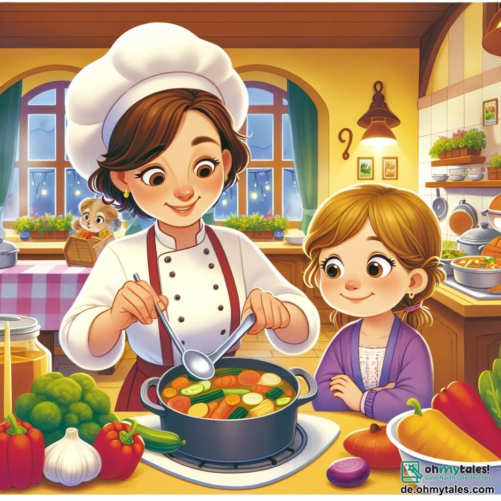 Une illustration destinée aux enfants représentant une talentueuse chef cuisinière femme, accompagnée d'une jeune fille curieuse, préparant une délicieuse Gemüsepfanne dans la chaleureuse et colorée cuisine du restaurant "Sonnenschein" à Sonnenstadt.
