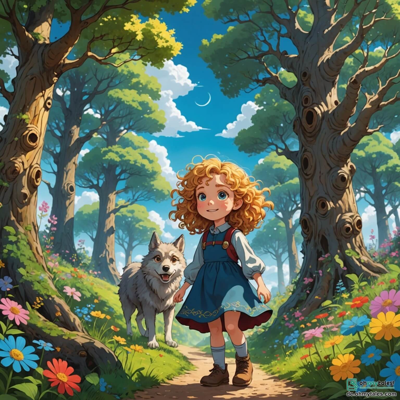 Une illustration destinée aux enfants représentant une petite fille aux cheveux dorés et bouclés, avec des yeux pétillants de curiosité, marchant courageusement à travers une forêt enchantée où les arbres majestueux, aux troncs épais et noueux, s'élèvent vers un ciel azur parsemé de nuages cotonneux, tandis que des fleurs colorées dansent au gré du vent, et où se cache un grand méchant loup, aux yeux perçants et à la fourrure grise, qui rôde dans l'ombre des buissons, prêt à semer la peur, alors que la fillette se dirige avec détermination vers la petite maison bleue de l'aimable vieille dame, entourée de jardins fleuris et de chants d'oiseaux, où elle espère apporter un panier rempli de douceurs pour réconforter son amie malade.