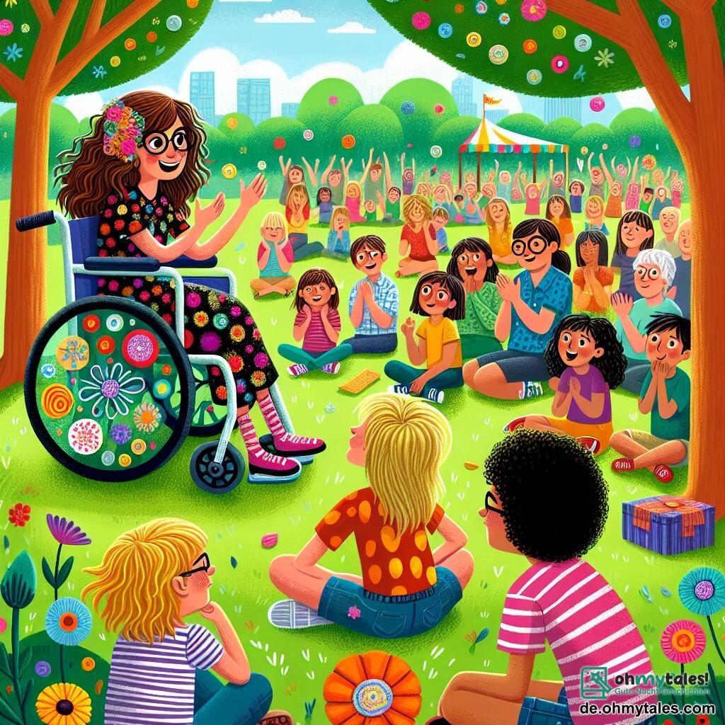 Illustration eines bunten, sonnigen Parks mit Bäumen mit leuchtend grünen Blättern und bunten Blumen, die im Wind tanzen. In der Mitte versammelt sich eine Gruppe von Kindern um eine improvisierte Bühne, wo ein Mädchen in einem hübschen Rollstuhl, der mit bunten Aufklebern dekoriert ist, eine fesselnde Geschichte erzählt. Sie hat braune, lockige Haare und trägt ein Kleid mit Blumenmuster. Neben ihr sitzt ein siebenjähriger Junge mit blonden Haaren und einer Brille, der ihr aufmerksam zuhört und ein breites Lächeln auf dem Gesicht hat. Zwei weitere Kinder, ein Mädchen mit langen, glatten Haaren in einem gestreiften T-Shirt und ein Junge mit lockigen Haaren in Shorts, sitzen auf dem Rasen und sind von der Geschichte gefesselt. Im Hintergrund applaudieren Eltern und andere Kinder, was eine fröhliche und inklusive Atmosphäre schafft. Bunte Sprechblasen schweben um sie herum und illustrieren Elemente der Geschichte, die sie gemeinsam erfinden, wie Drachen und Schlösser.