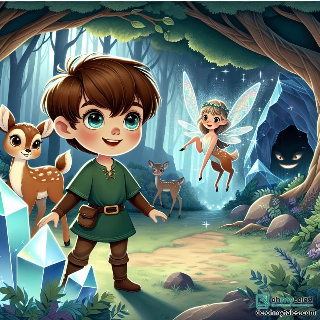 Une illustration sous forme de dessin destinée aux enfants représentant une clairière enchantée au cœur d'une forêt magique, où un jeune garçon aux cheveux châtains et aux yeux pétillants, vêtu d'une tunique verte, se tient courageusement devant un majestueux cristal lumineux, tandis qu'un petit faon aux grands yeux doux l'observe avec espoir, et une fée aux ailes scintillantes, flottant au-dessus d'eux, sourit en les encourageant, alors qu'une ombre menaçante se profile à l'arrière-plan, symbolisant le danger imminent qu'ils doivent affronter ensemble.