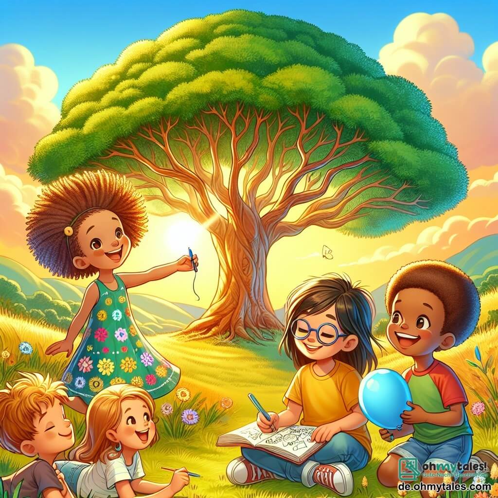 Eine Illustration zeigt einen großen majestätischen Baum mit strahlend grünen Blättern auf einer grünen Wiese, die im goldenen Sonnenlicht erstrahlt. Am Fuß des Baumes versammeln sich vier Kinder, die Freude und Freundschaft ausdrücken. Ein etwa 8-jähriges Mädchen mit braunen Haaren trägt ein buntes Kleid mit Blumenmustern und lächelt breit, während sie einen blauen Ballon hält. Neben ihr steht ein weiteres 8-jähriges Mädchen asiatischer Herkunft mit langen glatten Haaren, das ein gelbes T-Shirt und Shorts trägt und ihren Freund freundlich ansieht. Ein etwa 9-jähriger Junge afrikanischer Herkunft mit lockigem Haar trägt ein rotes T-Shirt und eine Jeans und zeichnet konzentriert in einem Notizbuch. Schließlich beugt sich ein anderer 9-jähriger Junge europäischer Herkunft mit blonden Haaren und einer Brille vor, um seinen Freunden seine Zeichnung zu zeigen, während er warmherzig lächelt. Die Szene fängt einen Moment des Teilens und der Kreativität ein, in dem die Kinder Ideen und Zeichnungen austauschen, was Toleranz und Akzeptanz von Unterschieden illustriert. Im Hintergrund verleihen bunte Blumen und fliegende Schmetterlinge dieser freundlichen und fröhlichen Atmosphäre einen Hauch von Magie.