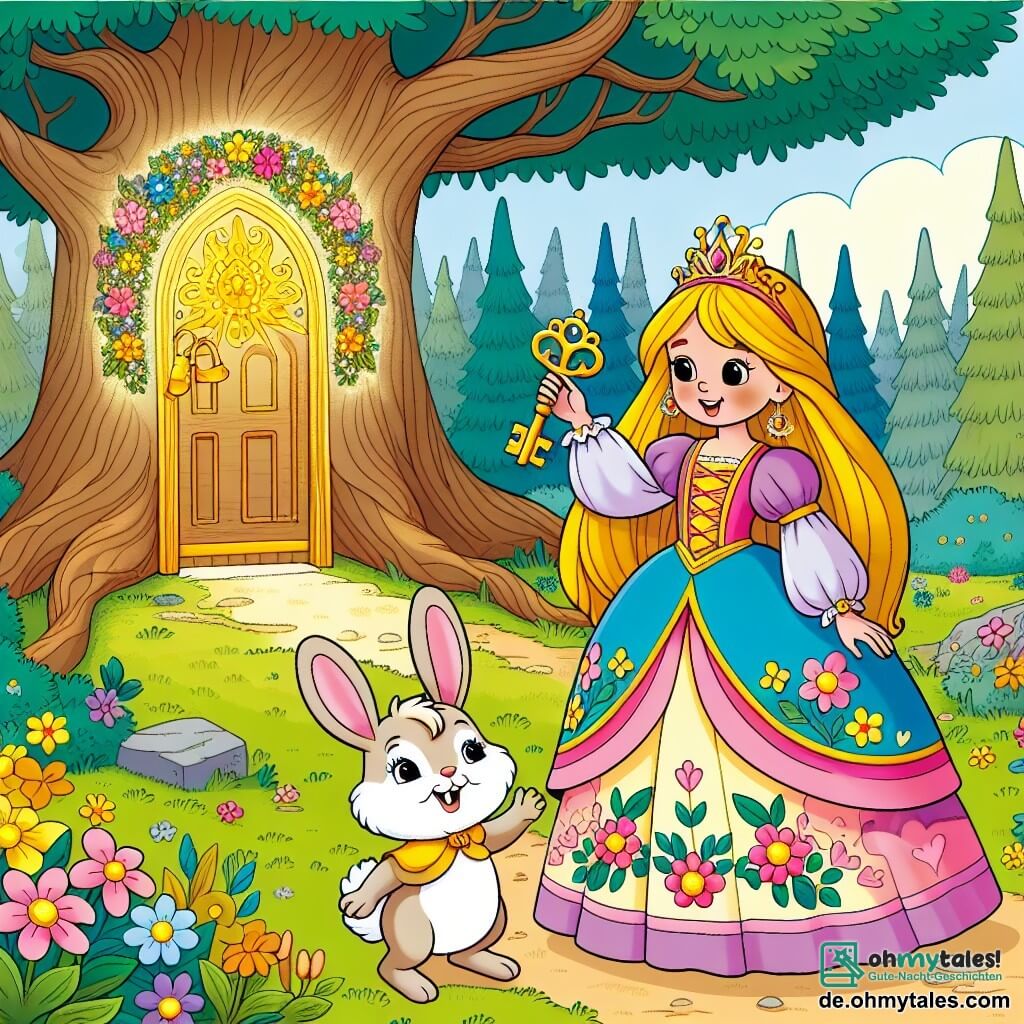 Une illustration sous forme de dessin destinée aux enfants représentant une clairière enchantée dans un forêt magique, où une princesse aux longs cheveux dorés, vêtue d'une robe colorée ornée de fleurs, tient un clé dorée dans sa main, entourée d'un petit lapin aux grandes oreilles et au pelage doux, qui l'encourage avec un sourire, alors qu'ils découvrent ensemble une porte mystérieuse au pied d'un arbre majestueux, symbolisant leur quête pour retrouver la joie perdue du royaume.