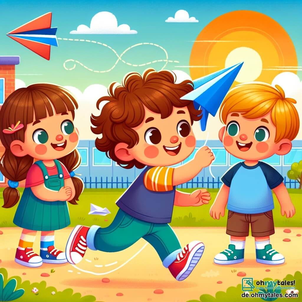 Une illustration sous forme de dessin destinée aux enfants représentant une scène colorée dans une cour d'école ensoleillée, où un garçon de 3 ans avec des cheveux bruns bouclés et des chaussures rouges s'apprête à lancer un avion en papier, entouré de sa meilleure amie, une fille de 3 ans aux longs cheveux blonds tressés, qui sourit et l'encourage, tandis qu'un autre garçon de 3 ans avec des cheveux châtains et un t-shirt bleu les regarde avec curiosité, capturant l'excitation et l'amitié d'un moment de jeu joyeux.