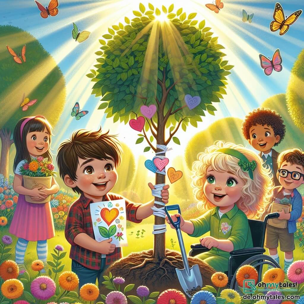 Eine Illustration zeigt einen sonnigen Park, gefüllt mit bunten Blumen und majestätischen Bäumen, wo eine Gruppe von Kindern sich um einen frisch gepflanzten jungen Baum versammelt. Im Mittelpunkt hält ein neunjähriger Junge mit braunen Haaren und funkelnden Augen ein buntes Papier in den Händen, auf dem er ein Herz gemalt hat. Neben ihm lächelt ein gleichaltriges Mädchen mit lockigem, blondem Haar fröhlich, während sie eine kleine Schaufel hält, bereit zu helfen. Ein anderer Junge, der in einem Rollstuhl sitzt, mit Brille und einem schelmischen Lächeln, schaut bewundernd zu seinen beiden Freunden und hält einen kleinen Blumentopf. Die Szene zeigt die Kinder, die fröhliche Erinnerungen teilen, umgeben von Zeichnungen, die an den Zweigen des Baumes hängen und vergangene Momente mit einem geliebten Großvater darstellen. Sonnenstrahlen filtern durch die Blätter und schaffen eine warme, tröstliche Atmosphäre, während Vögel am blauen Himmel singen. Zusätzliche grafische Elemente sind bunte Schmetterlinge, die um die Kinder fliegen, und sanfte Wolken, die darüber treiben und die Liebe und Erinnerung symbolisieren, die trotz der Abwesenheit bestehen bleibt.
