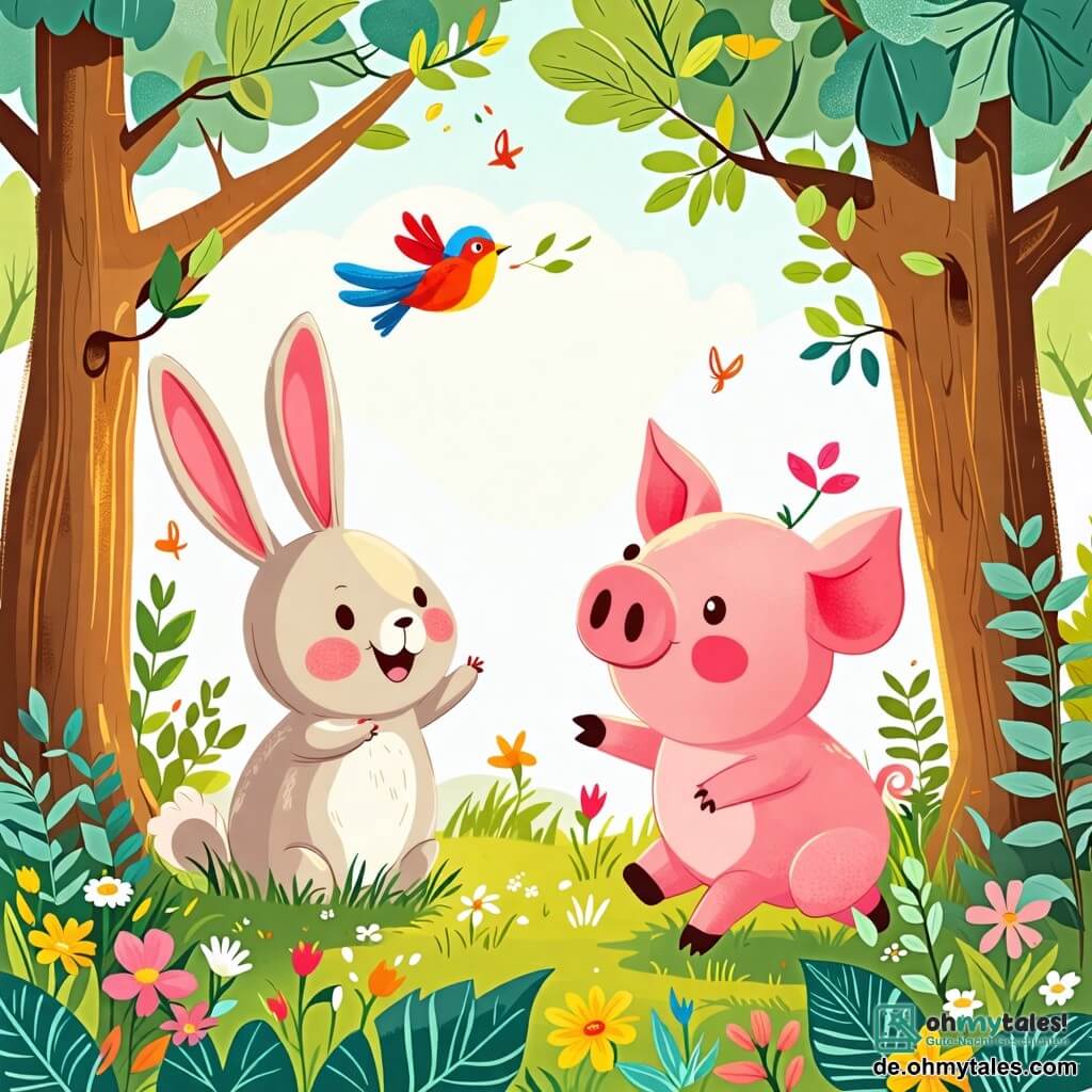Une illustration sous forme de dessin destinée aux enfants représentant un charmant et coloré paysage de forêt avec de grands arbres aux feuilles vertes et des fleurs éclatantes, où un petit cochon rose aux joues rondes et souriantes danse joyeusement dans l'herbe, accompagné de son ami un adorable lapin aux grandes oreilles et au pelage doux, qui l'observe avec un sourire, tandis qu'un oiseau coloré chante joyeusement sur une branche, capturant l'esprit d'amitié et de joie de leur aventure ensemble.