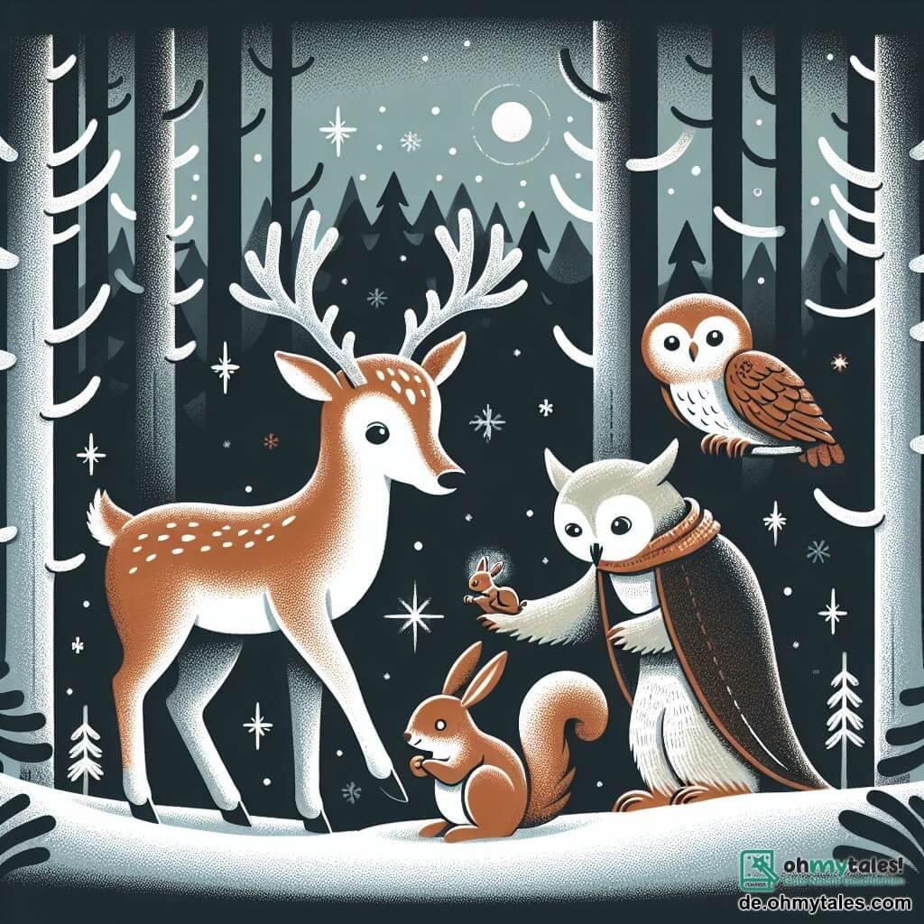 Une illustration destinée aux enfants représentant un jeune renne mâle aux bois scintillants, aidant un petit écureuil blessé, sous le regard bienveillant d'une vieille chouette sage, dans un sombre et mystérieux bois de sapins enneigés.
