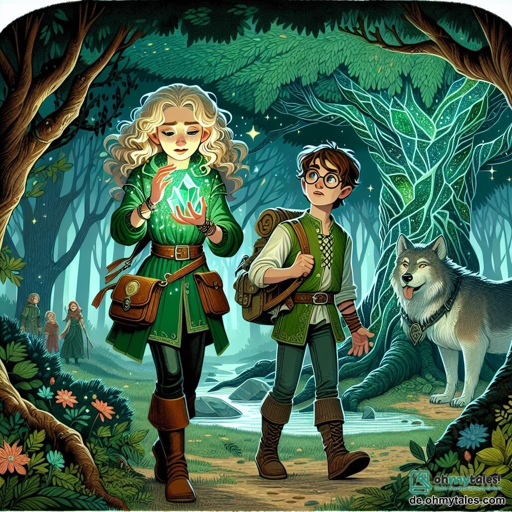 Une illustration sous forme de dessin destinée aux enfants représentant une scène magique dans le cœur d'un grand et mystérieux Smaragdwald, où une jeune femme aux cheveux blonds et bouclés, vêtue d'une tunique verte et d'un pantalon en cuir, tient un éclatant cristal lumineux dans ses mains, tandis qu'à ses côtés, un garçon aux lunettes rondes et aux cheveux bruns, portant un sac à dos rempli de livres, observe avec émerveillement un grand arbre majestueux aux feuilles scintillantes, alors qu'un loup ombreux se tient en retrait, prêt à défendre son trésor, créant une atmosphère d'aventure et de mystère.