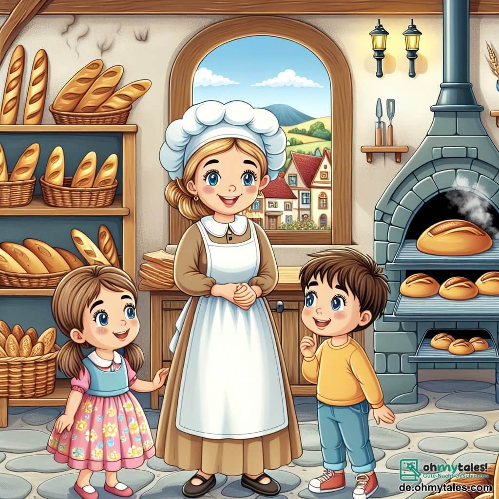 Une illustration destinée aux enfants représentant une charmante boulangère (femme) dans sa boulangerie accueillant deux enfants curieux (une fille et un garçon) avec des étagères remplies de pains frais, des fours fumants et des arômes alléchants, dans la petite ville de Sonnental.
