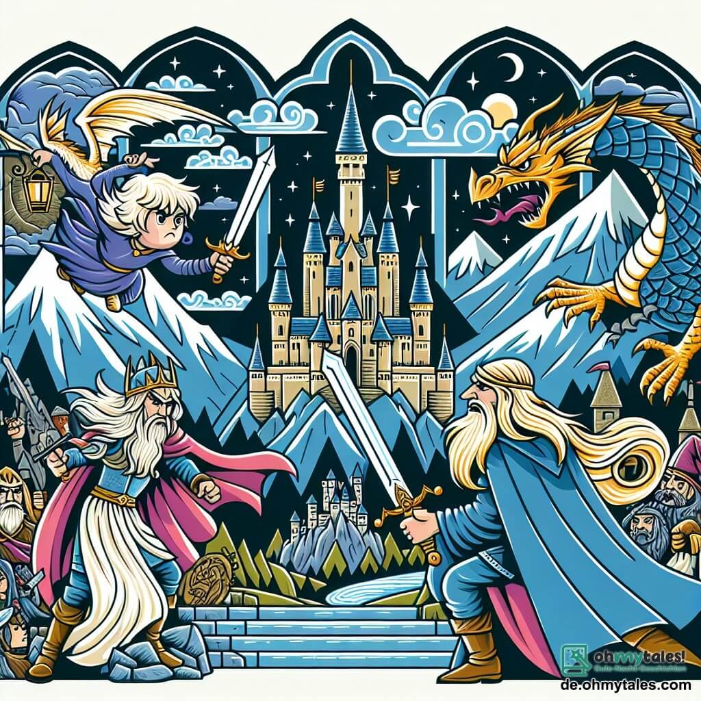 Une illustration destinée aux enfants représentant une princesse courageuse affrontant un sorcier maléfique avec l'aide de son fidèle dragon, dans le somptueux château des Glanzlichter perché au sommet d'un majestueux mont.