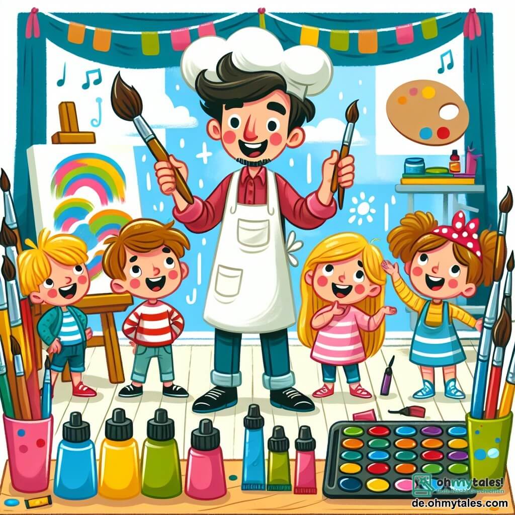 Une illustration destinée aux enfants représentant un artiste talentueux, un groupe d'enfants curieux et enthousiastes, dans un atelier coloré rempli de pinceaux, toiles et tubes de peinture.