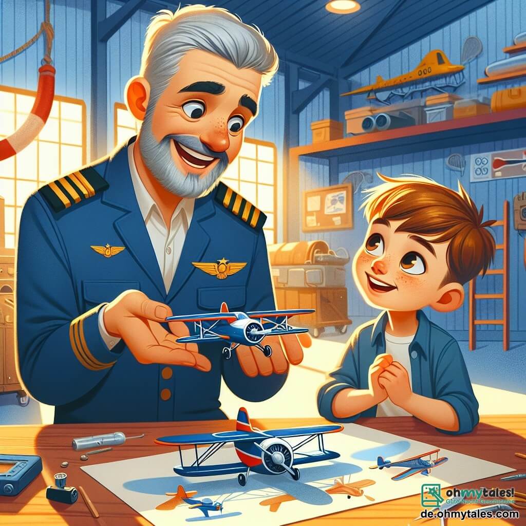 Une illustration sous forme de dessin destinée aux enfants représentant un hangar d'avion coloré, avec un homme souriant aux cheveux grisonnants, vêtu d'une combinaison de pilote bleue, qui explique avec enthousiasme le fonctionnement de son avion à un jeune garçon aux cheveux châtains, aux yeux pétillants de curiosité, qui écoute attentivement tout en tenant une petite maquette d'avion, le tout baigné dans une lumière dorée du soleil couchant, symbolisant l'aventure et la magie du vol.