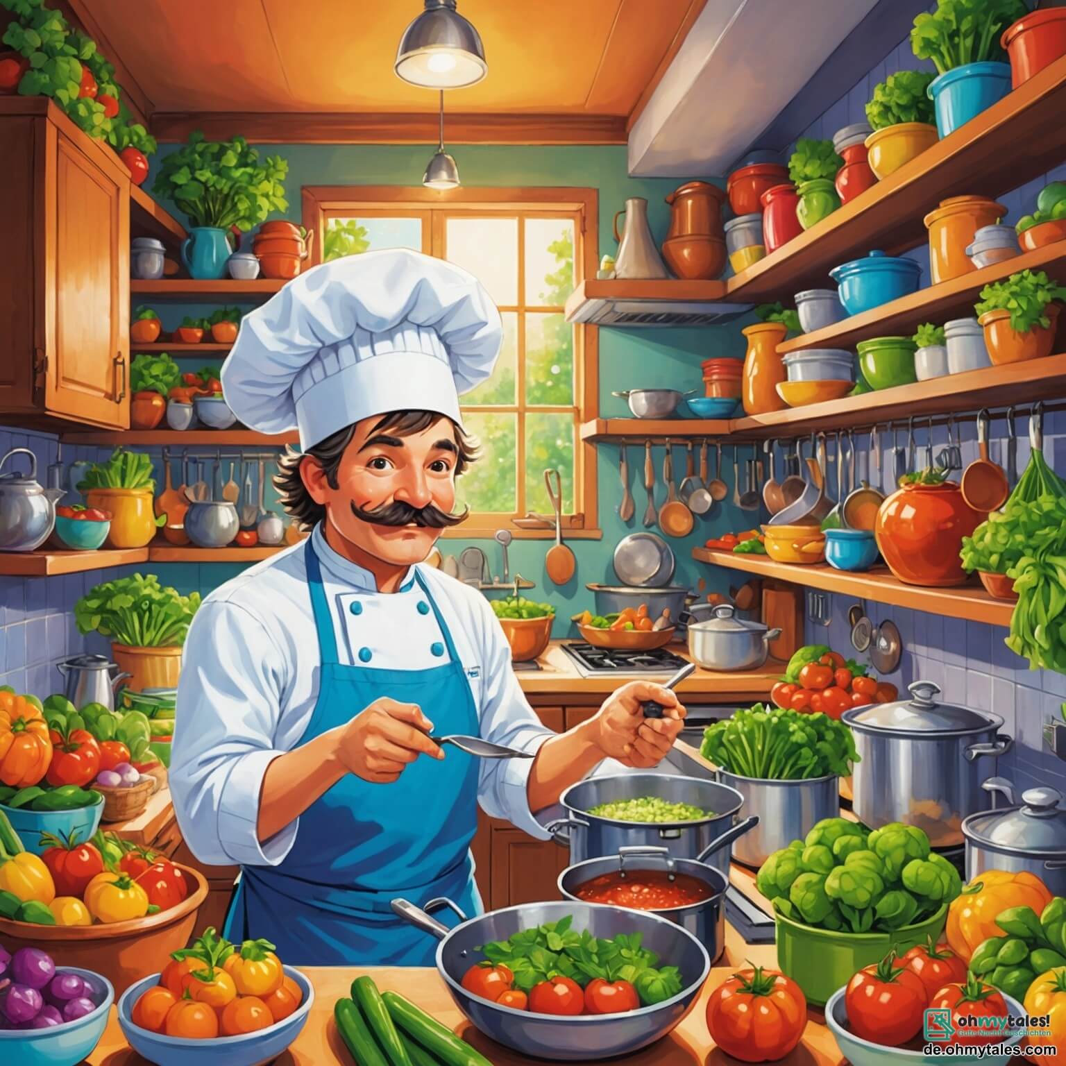 Une illustration destinée aux enfants représentant un chef cuisinier jovial, un homme à la moustache touffue et à la toque blanche éclatante, s'affairant dans une cuisine colorée, remplie de casseroles étincelantes, de légumes frais aux couleurs vives, et d'herbes aromatiques qui embaument l'air, tandis qu'une petite fille curieuse, sa meilleure amie, l'observe avec des yeux émerveillés, impatiente d'apprendre les secrets de la cuisine dans ce lieu chaleureux et accueillant où les rires et les odeurs délicieuses se mêlent.