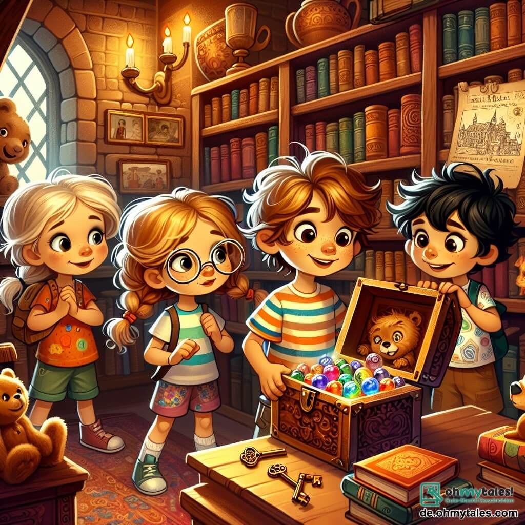 Une illustration sous forme de dessin destinée aux enfants représentant une vieille bibliothèque remplie de livres poussiéreux aux couleurs chaudes, où un garçon de 7 ans aux cheveux bruns en bataille, portant un t-shirt rayé et un short, tient un petit clé dorée dans sa main, entouré de trois amis : une fille aux cheveux blonds tressés en robe colorée, une autre fille avec des lunettes et des cheveux frisés portant un t-shirt à motifs, et un garçon aux cheveux noirs et un sourire malicieux, tous regardant avec curiosité une vieille caisse en bois ouverte, révélant des marbles colorés et une carte au trésor, tandis qu'ils s'émerveillent de leur découverte d'un secret caché.