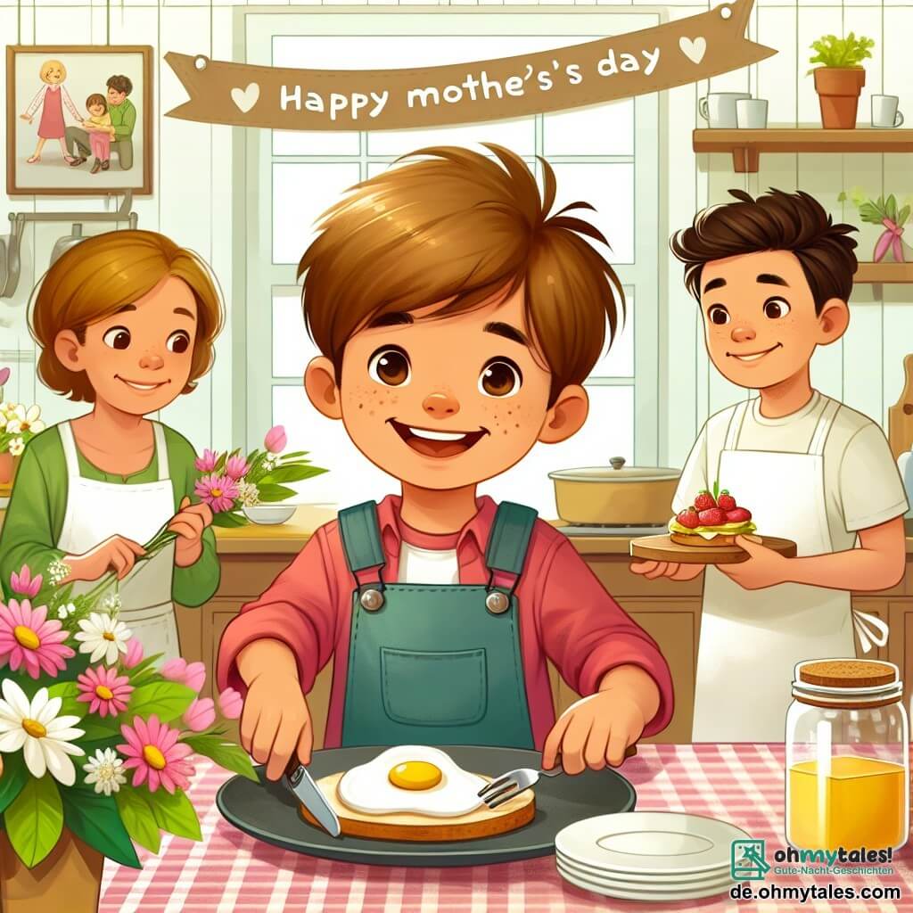 Une illustration destinée aux enfants représentant un garçon joyeux et déterminé, accompagné de ses amis, une fille et un garçon, préparant un petit-déjeuner surprise pour la fête des mères dans une cuisine chaleureuse et lumineuse décorée de fleurs fraîches.