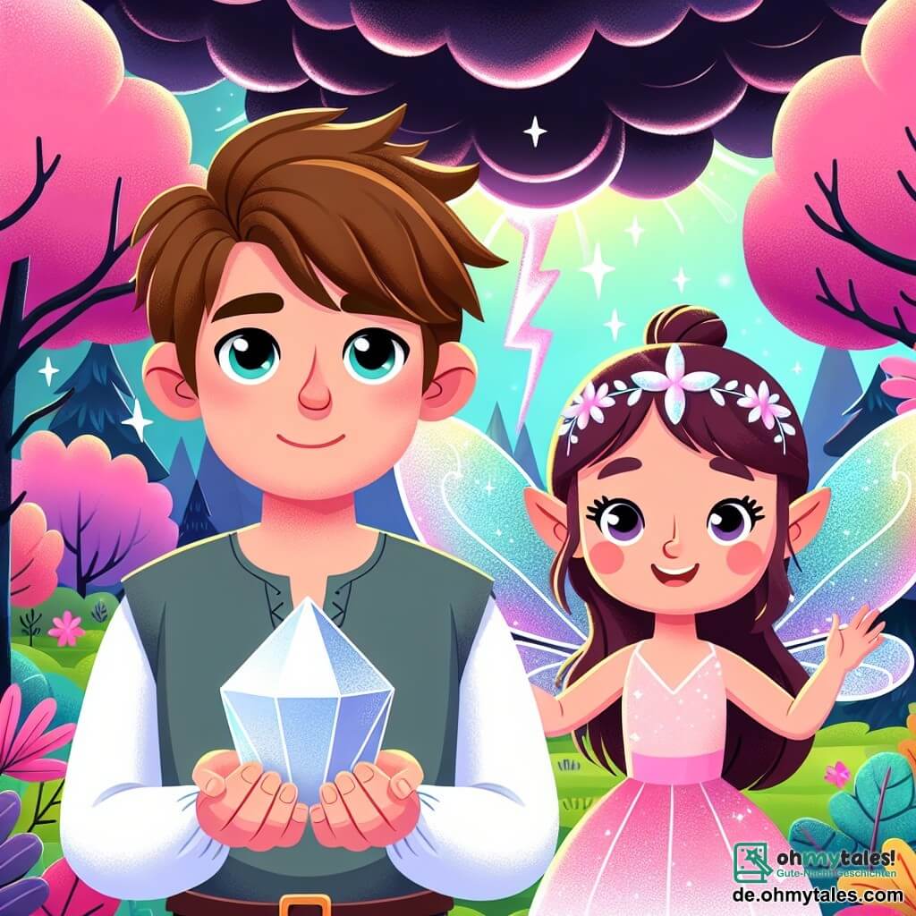 Une illustration sous forme de dessin destinée aux enfants représentant une forêt enchantée aux couleurs vives, avec des arbres aux feuilles roses et violettes, où un homme aux cheveux bruns et aux yeux pétillants, vêtu d'une tunique simple, tient un éclatant cristal blanc dans ses mains, tandis qu'une petite fée aux ailes scintillantes et à la robe lumineuse vole autour de lui, souriante et encourageante, alors qu'ils se tiennent devant une sombre nuage menaçant qui plane au-dessus d'un royaume féerique, symbolisant leur mission de ramener la joie et les couleurs dans le monde.