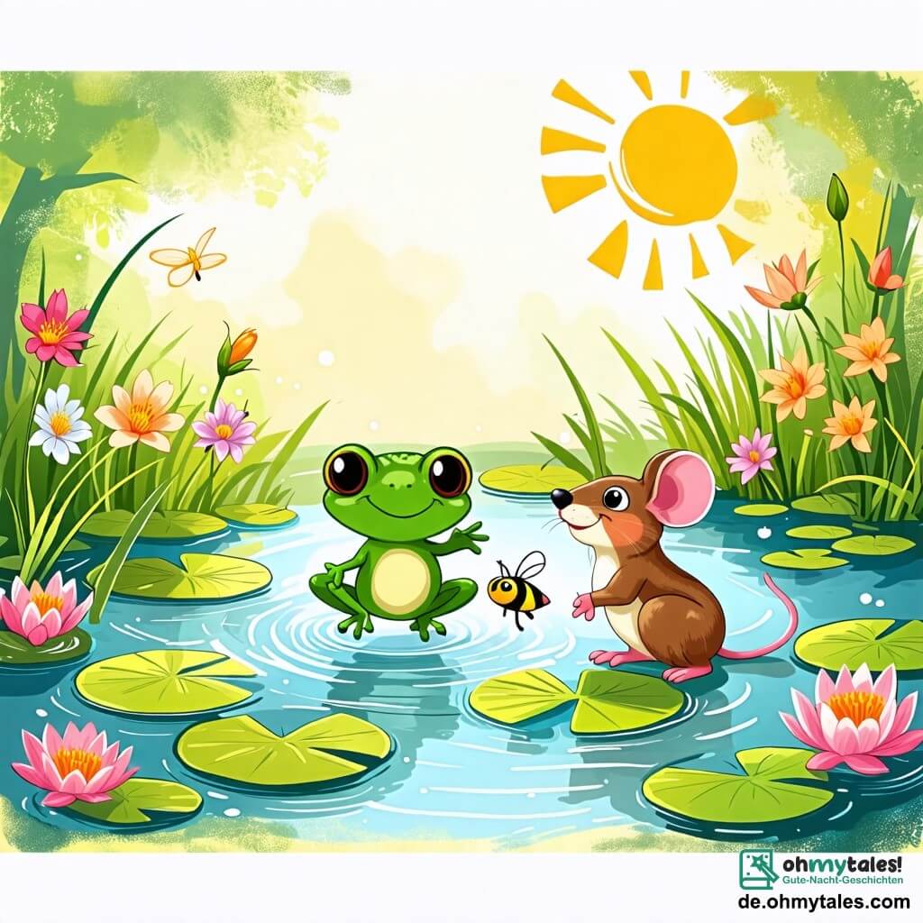 Une illustration sous forme de dessin destinée aux enfants représentant un charmant petit étang entouré de nénuphars et de fleurs colorées, avec une grenouille verte aux grands yeux ronds sautant joyeusement dans l'eau, tandis qu'à ses côtés, une petite souris brune avec un long queue observe en riant, alors qu'ils s'amusent à chercher des insectes dans une ambiance ensoleillée et ludique.