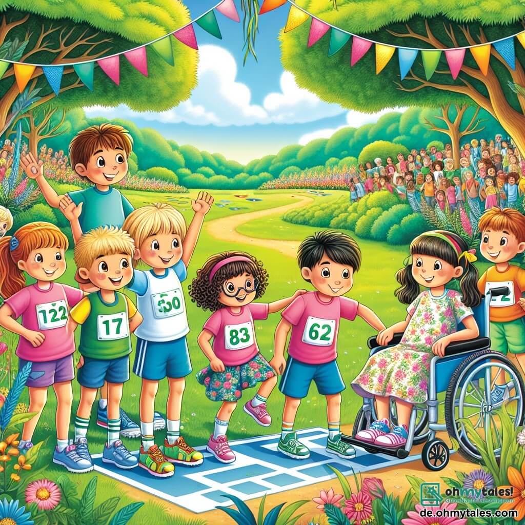 Eine Illustration zeigt eine lebhafte Szene in einem großen, grünen Park mit hohen Laubbäumen und bunten Blumen, die im leichten Wind tanzen. In der Mitte steht eine Gruppe von Kindern fröhlich um eine Startlinie, die mit bunten Fahnen markiert ist. Ein etwa 10-jähriges Mädchen mit braunen, lockigen Haaren trägt ein rosa T-Shirt und eine blaue Shorts und lächelt begeistert, während es die Arme hebt. Neben ihr beugt sich ein 9-jähriger Junge mit kurzen blonden Haaren und Brille über eine von ihm gezeichnete Karte, die Hinweise für eine Schatzsuche zeigt. Ein weiteres Mädchen, 11 Jahre alt, mit langen, glatten Haaren in einem Blumenkleid, erzählt mit ausdrucksvollen Gesten eine Geschichte und fesselt die Aufmerksamkeit ihrer Freunde. Schließlich hilft ein athletischer und lächelnder 10-jähriger Junge einem Mädchen im Rollstuhl, das kurze Haare hat und einen Kapuzenpullover trägt, sich auf den Start der Rennen vorzubereiten. Die Szene strahlt Kameradschaft und Begeisterung aus und zeigt den Geist von Gleichheit und Inklusion, während Kinder aus allen Lebensbereichen sich gegenseitig unterstützen. Im Hintergrund applaudieren Eltern und Freunde, was zur festlichen Atmosphäre beiträgt, während bunte Ballons am blauen Himmel schweben.