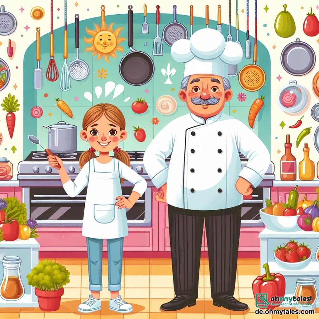 Une illustration destinée aux enfants représentant une jeune fille passionnée par la cuisine, travaillant aux côtés d'un chef renommé dans un restaurant élégant et animé, situé dans une cuisine lumineuse et colorée remplie d'ustensiles brillants et d'ingrédients appétissants.