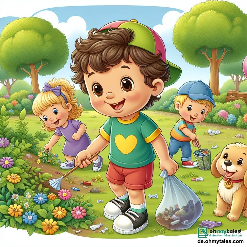 Une illustration sous forme de dessin destinée aux enfants représentant un parc verdoyant par une belle journée ensoleillée, avec un garçon de 3 ans aux grands yeux curieux, portant un t-shirt coloré et un short, qui sourit en ramassant des déchets avec enthousiasme, entouré de deux amis : une petite fille aux cheveux bouclés et une casquette, qui cueille des fleurs, et un garçon avec un ballon, qui l'encourage, tandis qu'un petit chien aux poils dorés les observe joyeusement, le tout illustrant l'esprit de camaraderie et l'importance de protéger la nature.