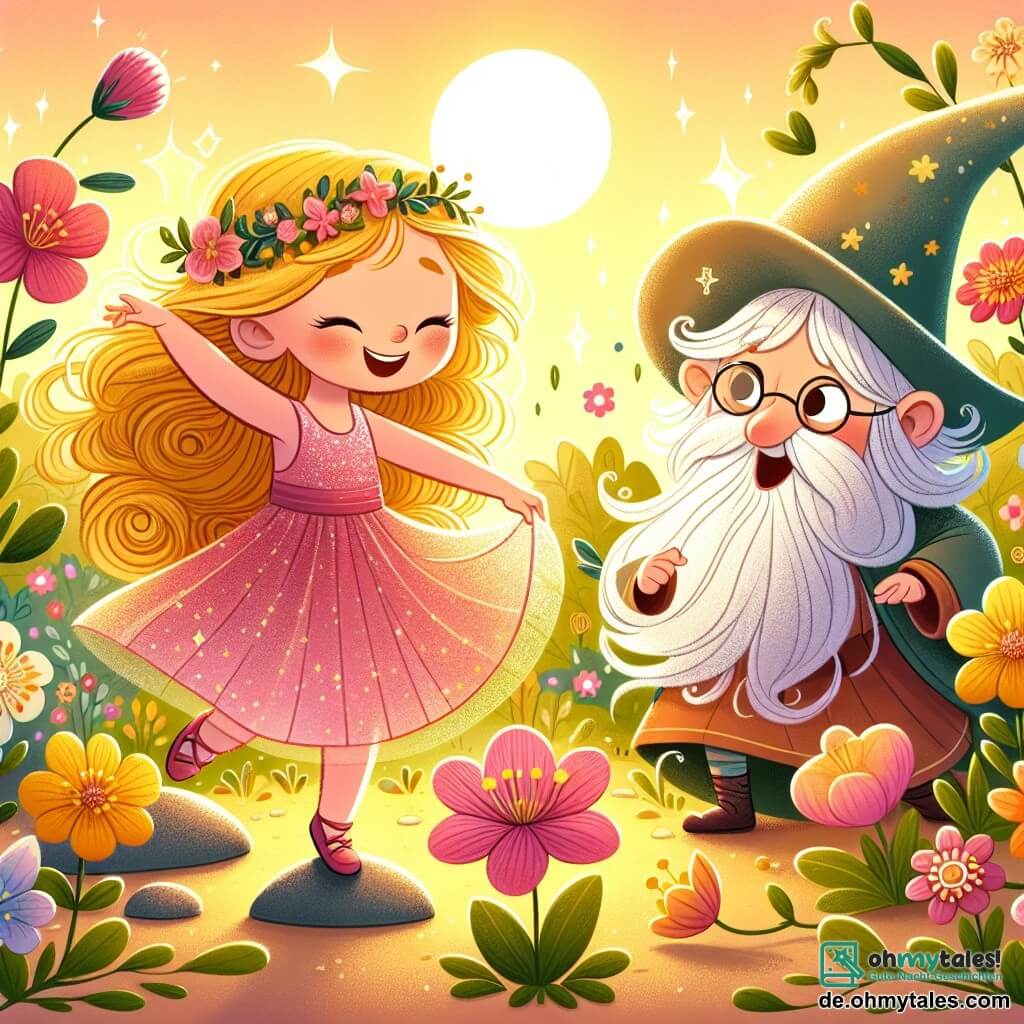 Une illustration sous forme de dessin destinée aux enfants représentant un jardin magique aux fleurs éclatantes de couleurs vives, où une petite princesse aux cheveux dorés et à la robe rose pétillante danse joyeusement, tout en trébuchant légèrement sur un petit caillou, tandis qu'un petit sorcier aux yeux malicieux et à la barbe blanche flottante l'observe avec un sourire bienveillant, lui rappelant de se relever et de continuer à s'amuser malgré ses chutes, le tout baigné dans une douce lumière dorée du soleil couchant.